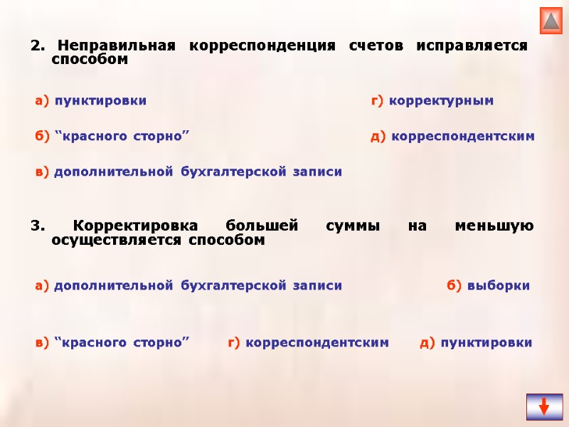 2. Неправильная корреспонденция счетов исправляется способом 3. Корректировка большей суммы на меньшую осуществляется способом